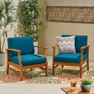 Outdoor Acacia Wood Club Chairs Set Of 2,Fabric Upholstered Armrests Chair,Slat Panel Backrest Accent Chair For Patio Garden-Coolbibila - 1 of 4