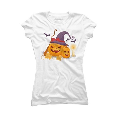 Junior's Design By Humans Halloween Witch Pumpkins With Bats By VectorVillain T-Shirt