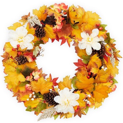 24 Inch Fall Front Door Wreath Decorations, with Pinecone, Maple Leaf, White Flowers