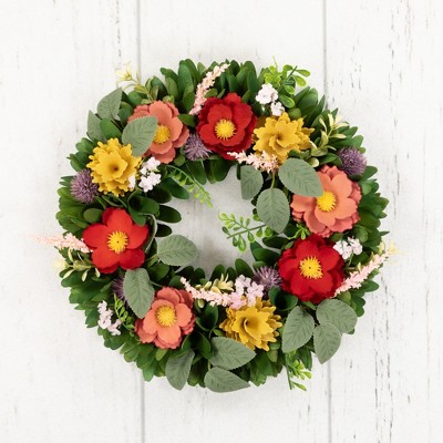 Vibrant Spring Floral Artificial Wreath with Green Foliage