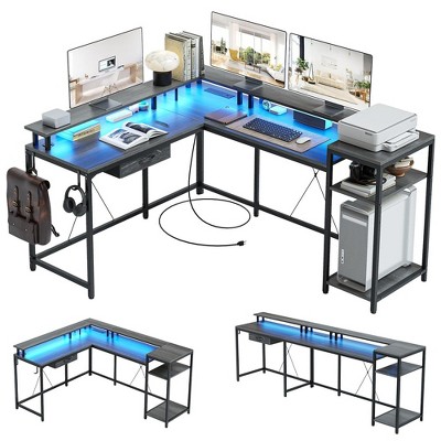 68" L Shaped Gaming Desk, Computer Desk with Power Outlets & LED Lights