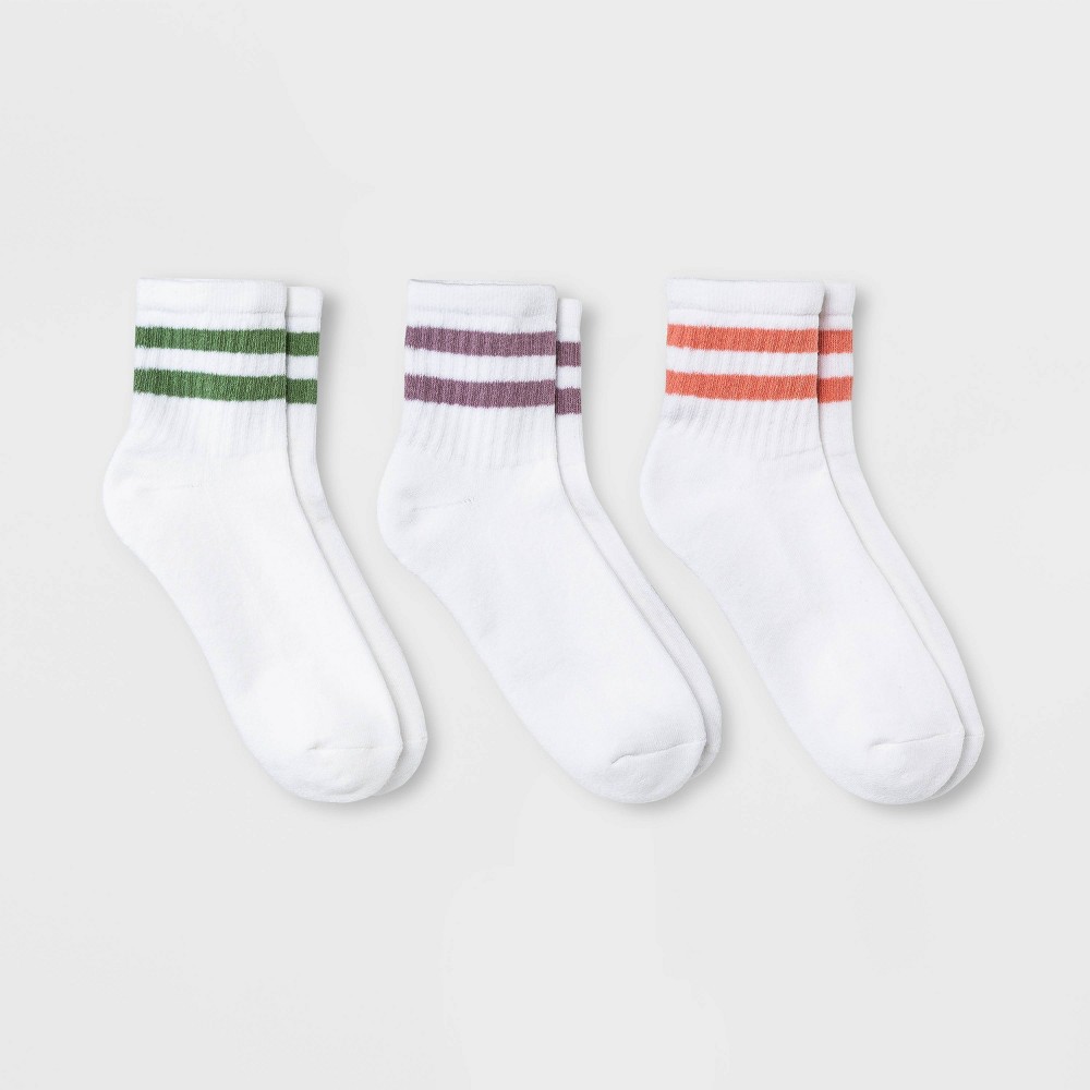 Women's Striped Cushioned Ankle Socks 3pk - Universal Thread™ Green/Lilac/Coral 4-10: Cotton Blend, Tagless, Knit Fabric