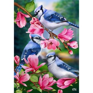 Blue Jay Trio Spring Garden Flag Floral Birds 18" x 12.5" Briarwood Lane - 1 of 4