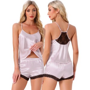 cheibear Women's Satin Sliky Sleeveless Lace Trim Camisole Tops with Shorts Pajamas Sets - 1 of 4
