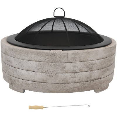 Large Round Gray Faux Stone Wood-Burning Fire Pit with Handles