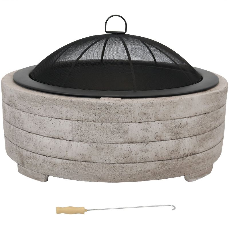 Sunnydaze Outdoor Large Round Faux Stone Fire Pit with Handles, Log Poker, and Spark Screen - 35" - Gray, 6 of 9
