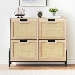 Rattan Shoe Storage Cabinet, Entryway Shoe Cabinet with 4 Flip Doors, Freestanding Shoe Rack with 3 Position Adjusted and Removable Shelves for - 1 of 4