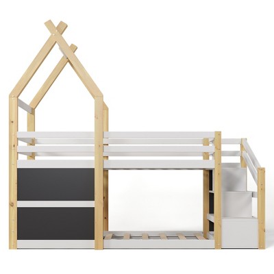 Twin over Twin House Bunk Bed with White Storage Staircase and 2 Blackboards