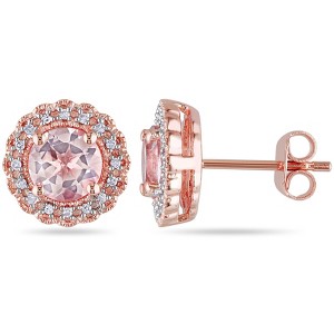 EVERLY JEWELRY | Rose Plated Sterling Silver 1 3/4 CT TGW Morganite and 1/10 CT TDW Diamond Floral Halo Stud Earrings - 1 of 4