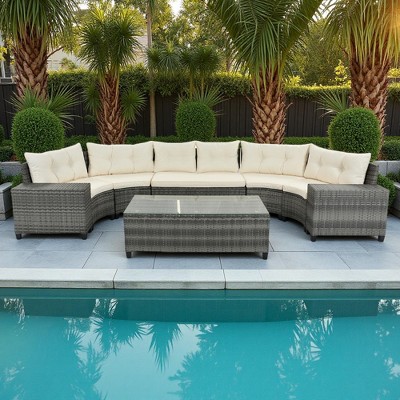 8-Piece Outdoor Patio Wicker Half-Moon Sectional Sofa Set with Rectangular Coffee Table