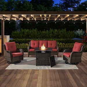 4PCS Patio Furniture Set with Fire Pit Table, Weather-Resistant Wicker Patio Fire Pit Set with Sofa, Swivel Patio Chair and 50000BTU Propane Fire Pit - 1 of 4