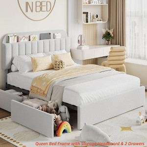 Twin/FULL/Queen/Twin XL Size Kids'Bed Frame with 2 Flexible Drawers, Boucle Upholstered Platform Bed Frame w/ Bookcase Headboard, Bedframe - 1 of 4
