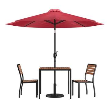 Merrick Lane Five Piece Faux Teak Patio Dining Set - Table, Two Armless Stacking Club Chairs, 9' Gray Umbrella and Base