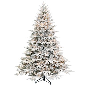 NAYSAYE 4ft Flocked Artificial Christmas Tree with 856 Tips Snowy PE PVC Hinged Pine for Holiday Decor, Green and White, 33"*33"*48" - 1 of 4