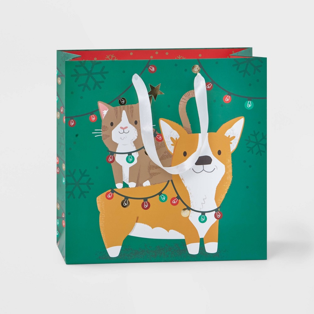 Square Cat & Corgi Gift Bag Green - Wondershop