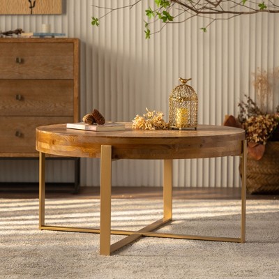 33.86" Modern Retro Splicing Round Coffee Table,Fir Wood Table Top with Cross Legs Base - ModernLuxe