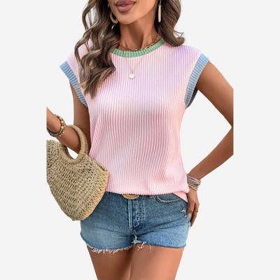 Amaryllis Women’s Ribbed Knit Sleeveless Top with Contrast Trim Round Neck Colorblock Armholes