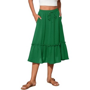 2025 Trendy High Waist Tiered Flowy Skirt for Women - Below Knee with Pockets A-14 Green - 1 of 4