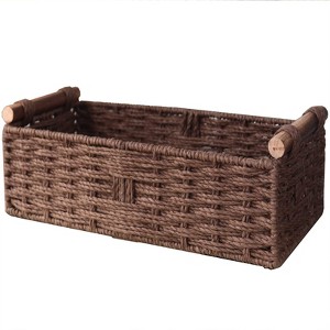 Itopfox Round Woven Paper Rope Storage Basket with Handle, Decorative Organizing Bin for Countertop or Toilet Tank Top, Brown - 1 of 4
