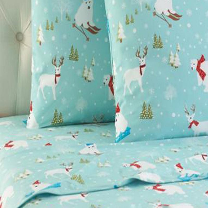 Micro Flannel Shavel Durable & High Quality Luxurious Printed Sheet Set Including Flat Sheet, Fitted Sheet & Pillowcase, Twin - Fun in the Snow, 2 of 4