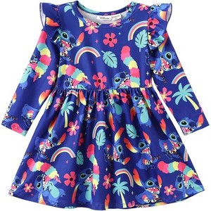 Disney Stitch Kids Girls Ruffle Sleeves A Line Dresses Rainbow - 1 of 4