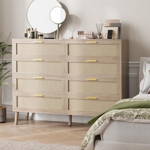 8 Drawer Dresser, Natural Rattan Dresser for Bedroom, Farmhouse Wood Chest of Drawer with Golden Handles for Living Room, Entryway - 1 of 4