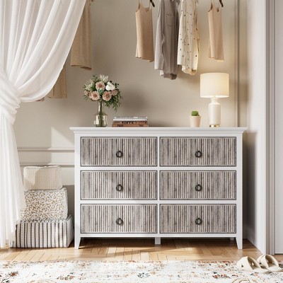56" Fluted 6-Drawer Dresser - Modern Wave Panel Bedroom Dresser with Circle Black Handles, for Nursery, Bedroom & Hallway