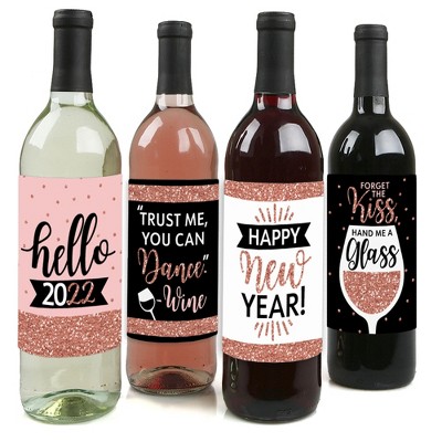 Big Dot of Happiness Rose Gold Happy New Year - 2022 New Year's Eve Party Decorations for Women and Men - Wine Bottle Label Stickers - Set of 4