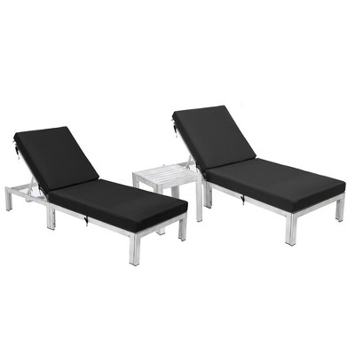 LeisureMod Chelsea Modern Outdoor Weathered Grey Chaise Lounge Chair with Side Table Set of 2