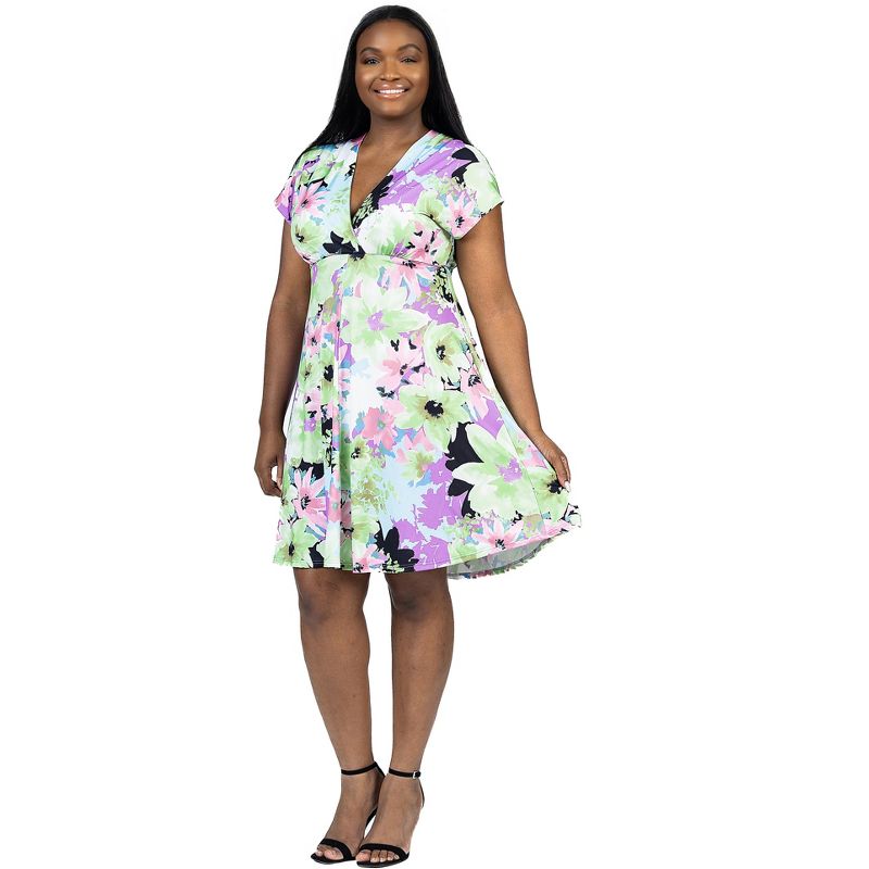24seven Comfort Apparel Plus Size Floral Print V Neck Empire Waist Cap Sleeve Knee Length Dress, 2 of 7