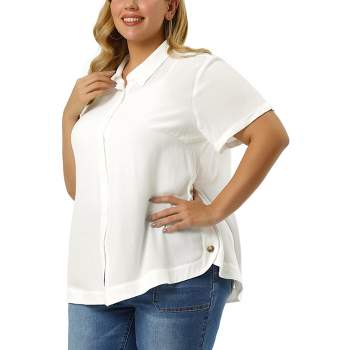 Agnes Orinda Women's Plus Size Relaxed Fit Semi-Sheer Button Front Side Slit Roll Up Sleeve Shirt