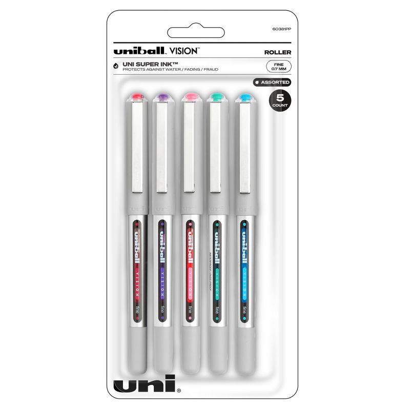 uni Vision Stick Roller Ball Pens, 0.7 mm Fine Tip, Assorted Colors, Set of 5, 1 of 5