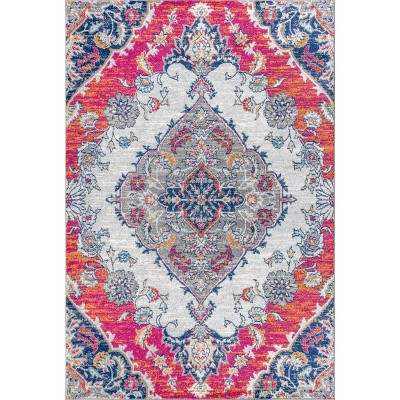Bohemian Medallion 3' x 5' Blue and Coral Easy-Care Area Rug
