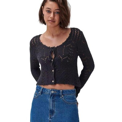 Tie Front Cropped Cardigan Crochet Bolero Shrug Sweater Sleeve Knit Crop Top