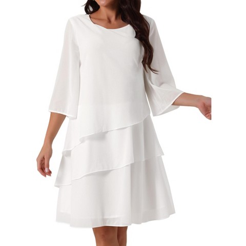Женские платья INSPIRE CHIC Women's Round Neck Semi Sheer 3/4 Bell Sleeve Asymmetrical Layered Tiered Midi Dress Whites Medium