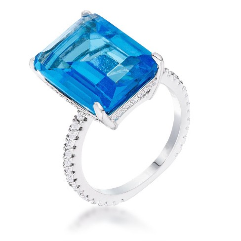 Slickblue Women’s 15 Ct. Aqua Blue Emerald Cut Cocktail Ring, Silvertone Rhodium-Plated, Pave CZ Band, Sizes 5-10 - image 1 of 1