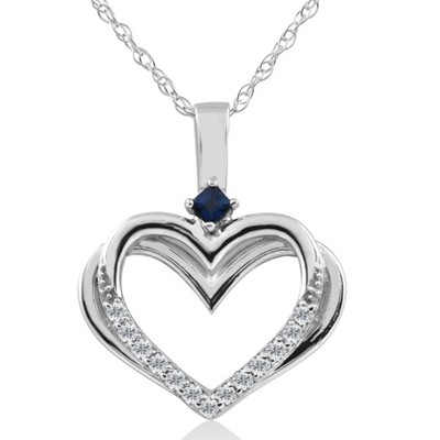 Pompeii3 Diamond Sapphire Heart Pendant 1/6cttw 10k White Gold 3/4" Tall