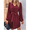 Women's V Neck Casual Cocktail Dress Front Button Long Sleeve Casual Party Midi Dress with Belt - 2 of 4