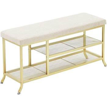 Trinity Entryway Shoe Storage Bench with Cushion, 3-Tier Shoe Rack with Foam Padded Seat, Bench for Bedroom end of Bed, for Living Room, Hallway, Gold