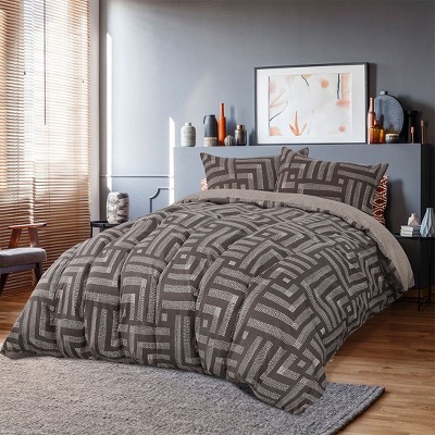 3 Pcs Microfiber Maze Pattern Geometric Bedding Sets Full Gray - PiccoCasa