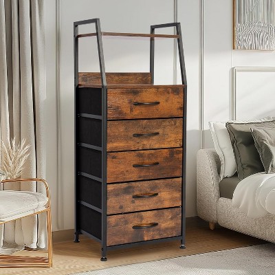 KTMBDW Night Stand with 5 Drawer and 2-Tier Display Shelf,Rustic Brown Dresser for Bedroom, Skinny Nightstand for Hallway, Closet, and Nursery
