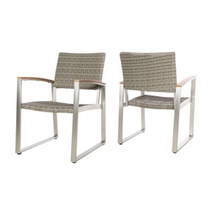 GDFStudio Augusta Outdoor Aluminum and Wicker Dining Chairs with Faux Wood Accents (Set of 2) - 1 of 4