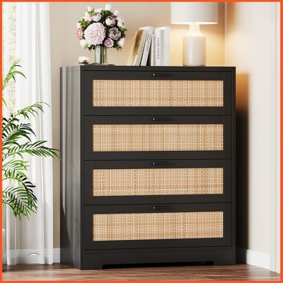Homhougo Tall Rattan Wooden Dresser with 4 Drawer for Bedroom,Spacious Storage Chest of Drawers with Wide Top,Handles Black