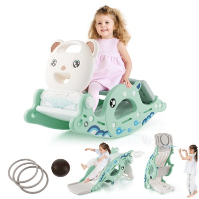 Safstar 4-in-1 Kids Slide Rocking Toy Slide Rocking Horse w/Basketball Hoop Rings Green