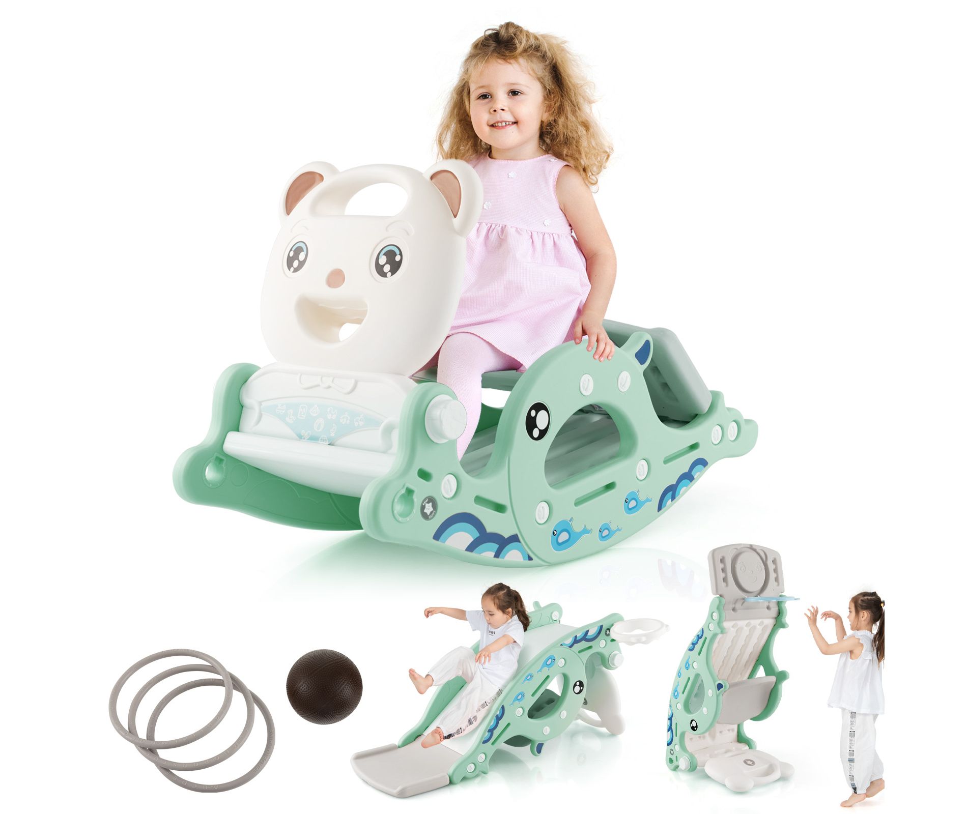Safstar 4-in-1 Kids Slide Rocking Toy Slide Rocking Horse w/Basketball Hoop Rings Green