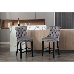 Okak Contemporary Velvet Bar Stools Set of 2 with Button Tufting & Chrome Nailhead Trim, Upholstered Stools Wood Legs for Kitchen Island - 1 of 4