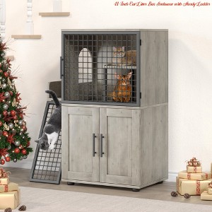 41 Inch Cat Litter Box Enclosure w/Sturdy Ladder, Double Layer Hidden Cat Washroom Furniture w/ Side Door, Modern Villa Litter Box Cabinet - 1 of 4