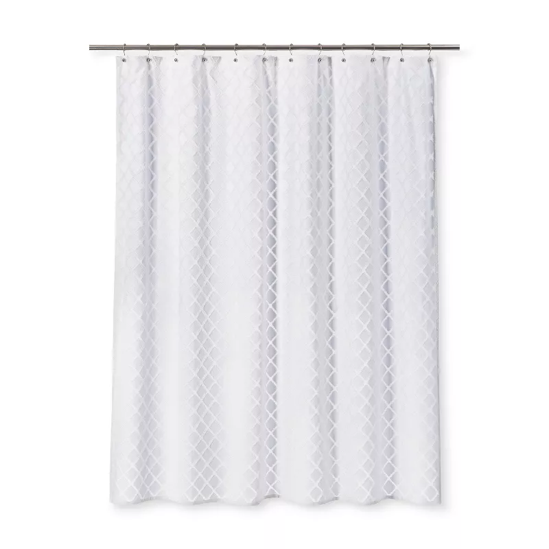 Dyed Clipped Diamond Shower Curtain, Medallion Sheer Embroidery Shower Curtain White Threshold