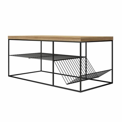 Neely Art Deco-Inspired Natural Wood & Black Metal Coffee Table with Storage