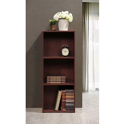 Mahogany 3-Shelf Kid-Friendly Storage Bookcase with Cubes and Doors